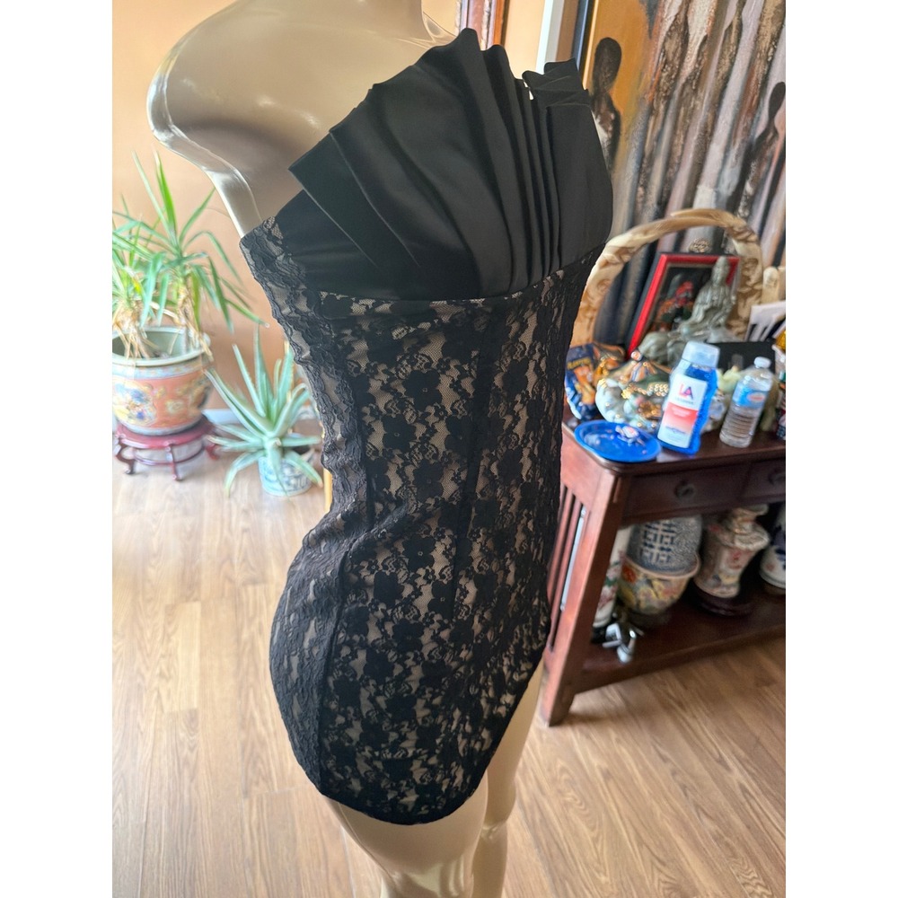 Icon Black Lace Strapless Mini Dress Pleated Bust Bodycon Cocktail Party Size S - Picture 7 of 9